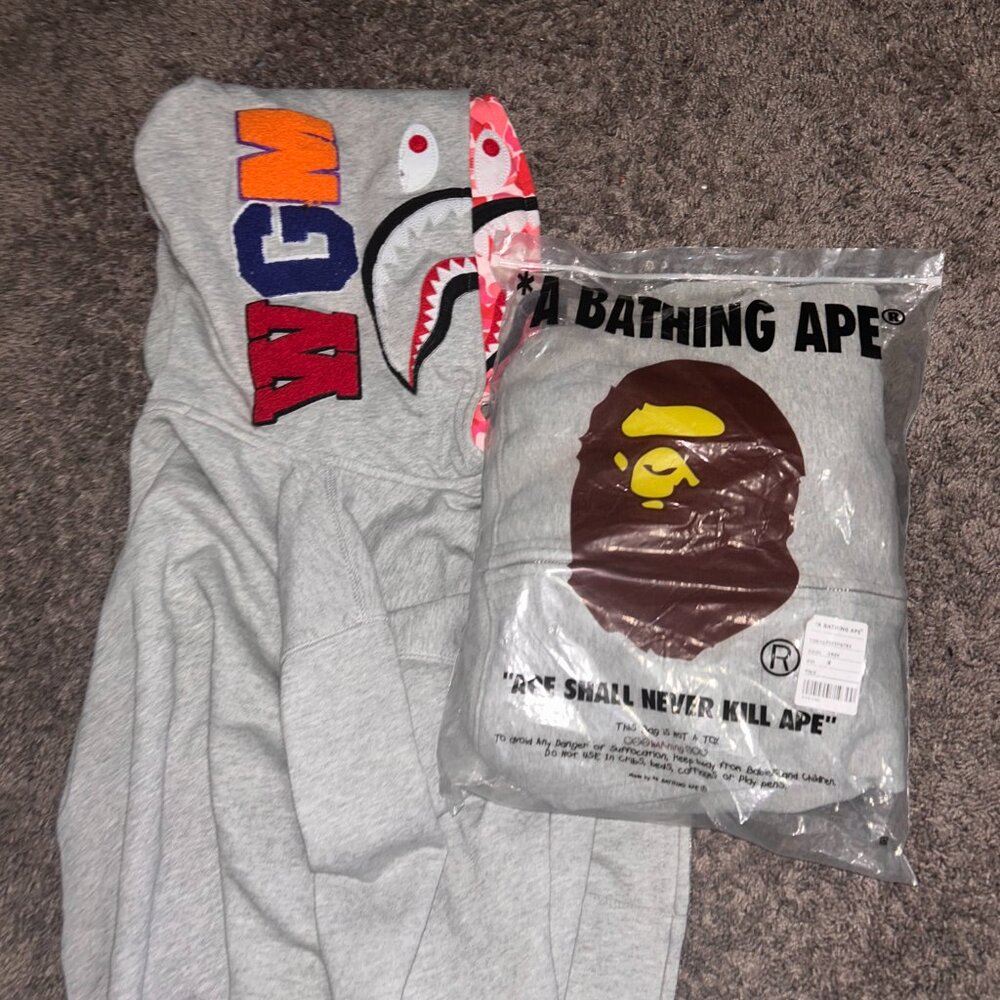 A Bathing Ape (BAPE) Shark Full Zip Hoodie – Grey with Pink Camo Shark Face Hood